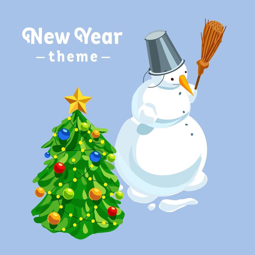 pupazzo di neve, albero di natale su sfondo blu isolato. tema del nuovo anno. illustrazione isometrica vettoriale
