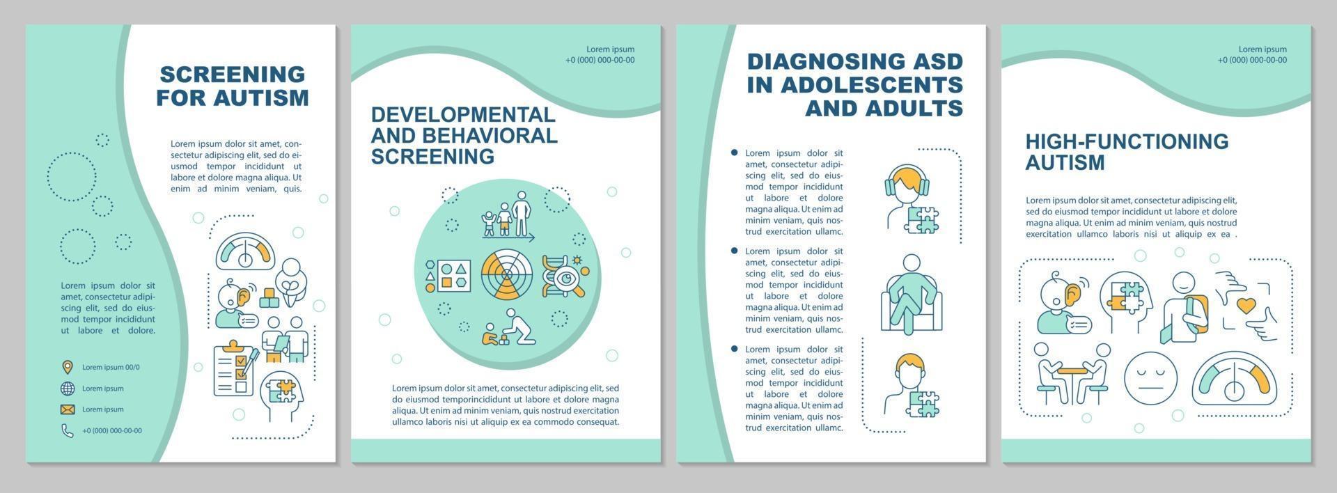 screening per modello di brochure sull'autismo. servizi medici. volantino, opuscolo, stampa di volantini, design di copertina con icone lineari. layout vettoriali per presentazioni, relazioni annuali, pagine pubblicitarie