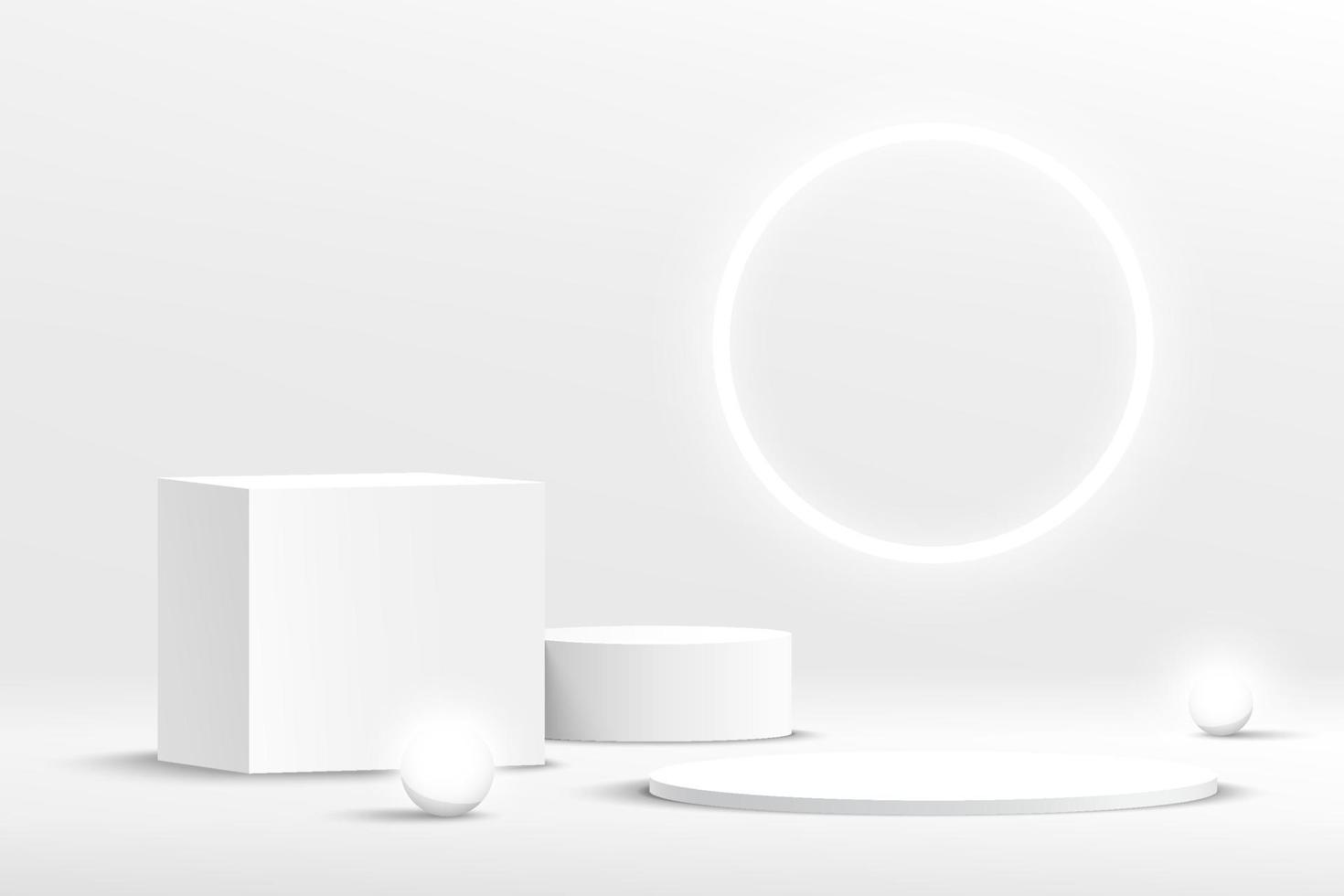 podio moderno con piedistallo geometrico bianco e grigio con sfera a sfera al neon. scena astratta della parete minima bianca con sfondo ad anello al neon incandescente. rendering vettoriale presentazione di prodotti cosmetici in forma 3d