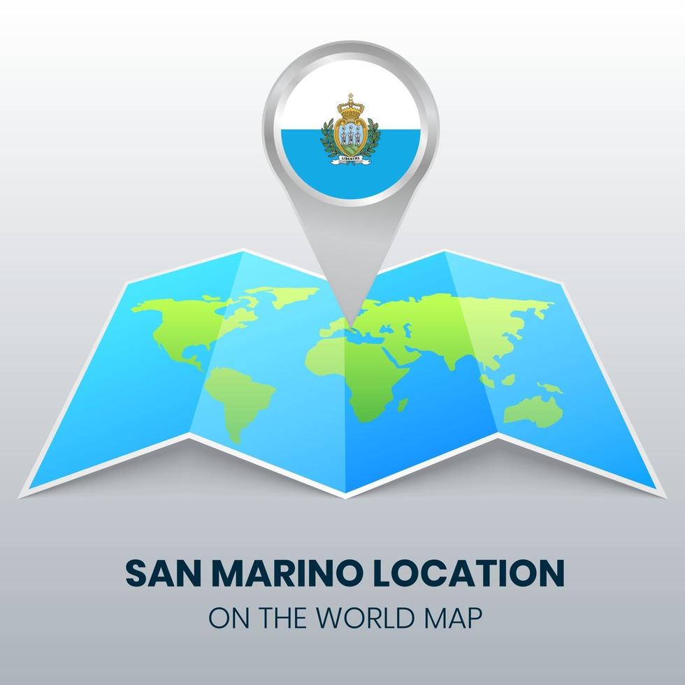 icona della posizione di san marino sulla mappa del mondo, icona della spilla rotonda di san marino vettore