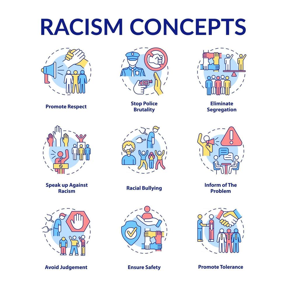 set di icone del concetto di razzismo. combattere la discriminazione razziale e l'idea di intolleranza illustrazioni a colori a linee sottili. promuovere il rispetto. eliminare la segregazione. disegni vettoriali isolati di contorno. tratto modificabile