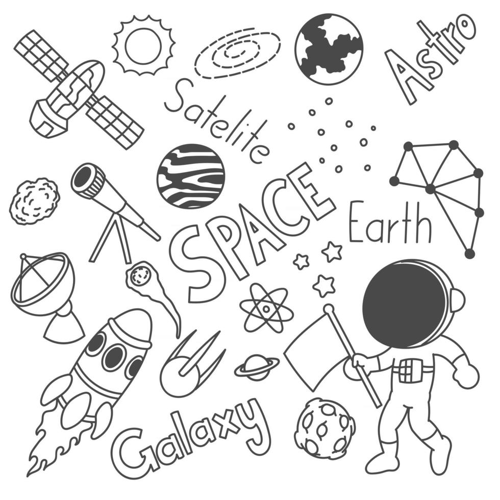 set di simpatici disegni di astronauti, scarabocchi in bianco e nero, arte, infantile, cartone animato vettore