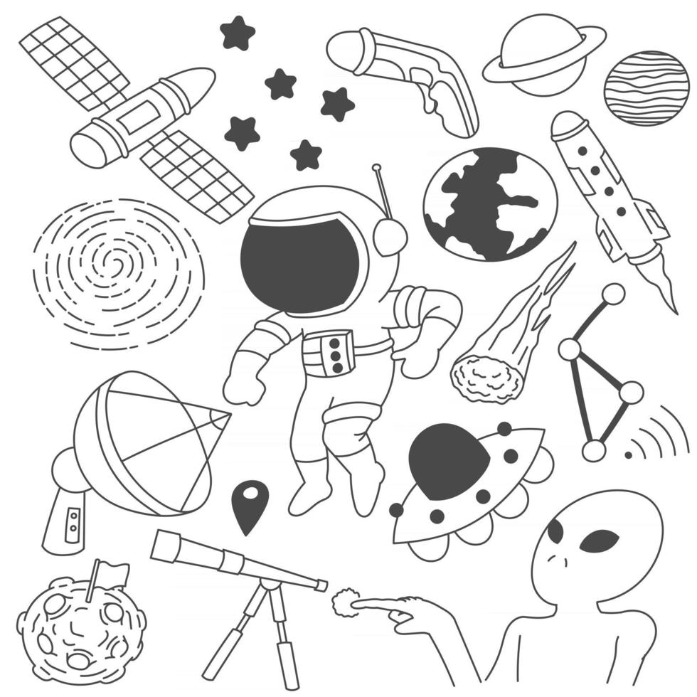 set di simpatici disegni di astronauti, scarabocchi in bianco e nero, arte, infantile, cartone animato vettore