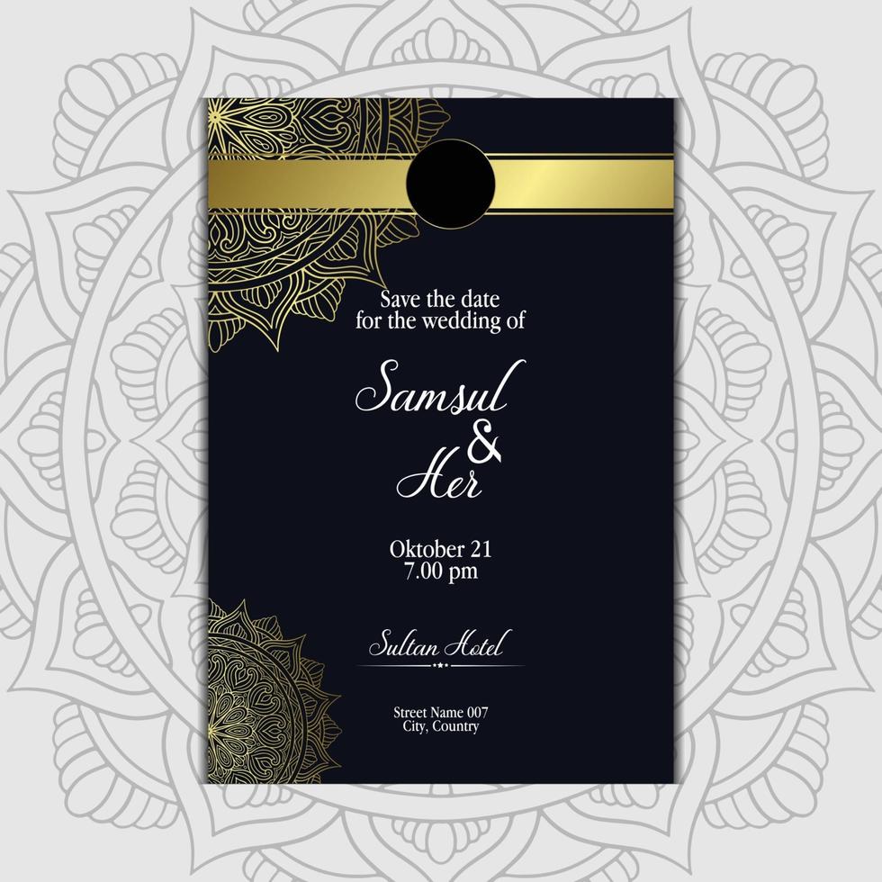 sfondo ornato mandala oro di lusso per invito a nozze, copertina del libro con stile elemento mandala vettore