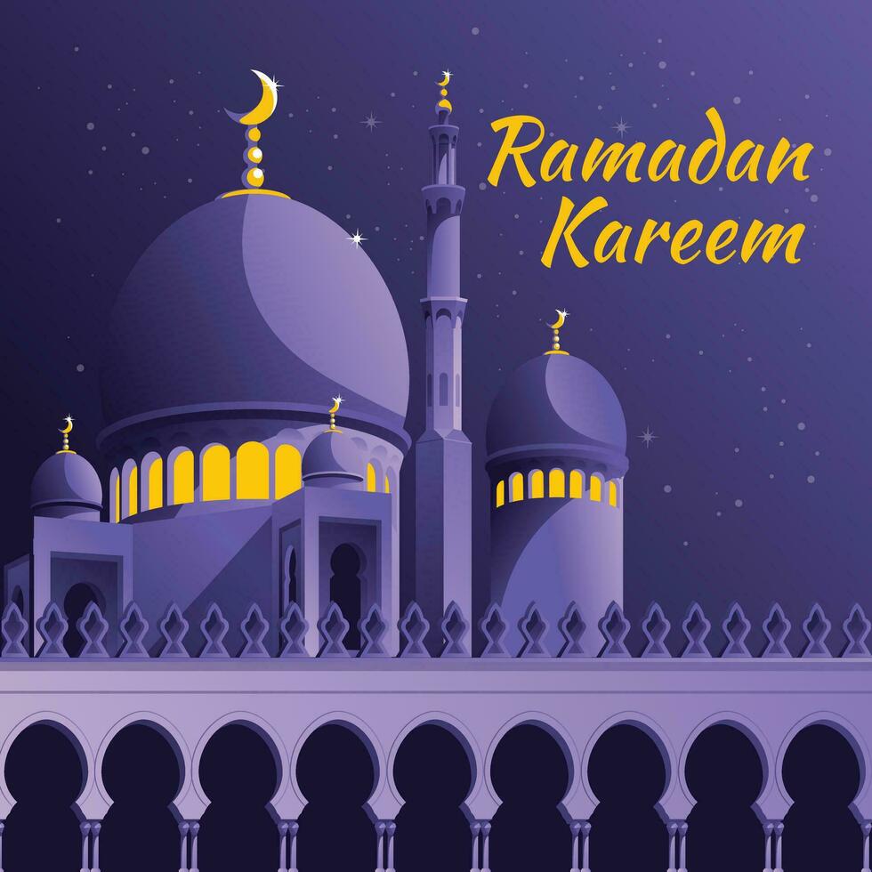 Ramadan carta design. viola stellato notte. islamico fede Magia moschea con minareti. vettore illustrazione.