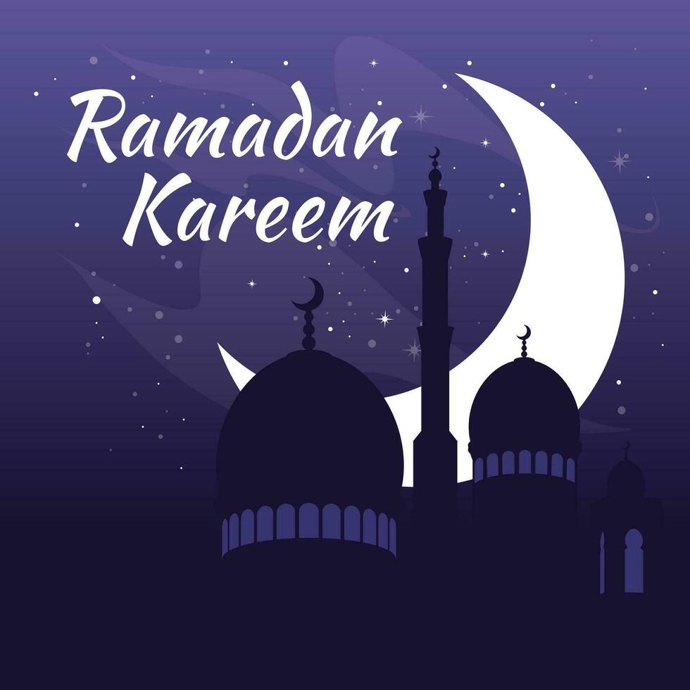 il silhouette di il moschea contro il sfondo di il nuovo Luna. festeggiare Ramadan. islamico vacanza stellato notte, viola colore. saluto carta. vettore illustrazione