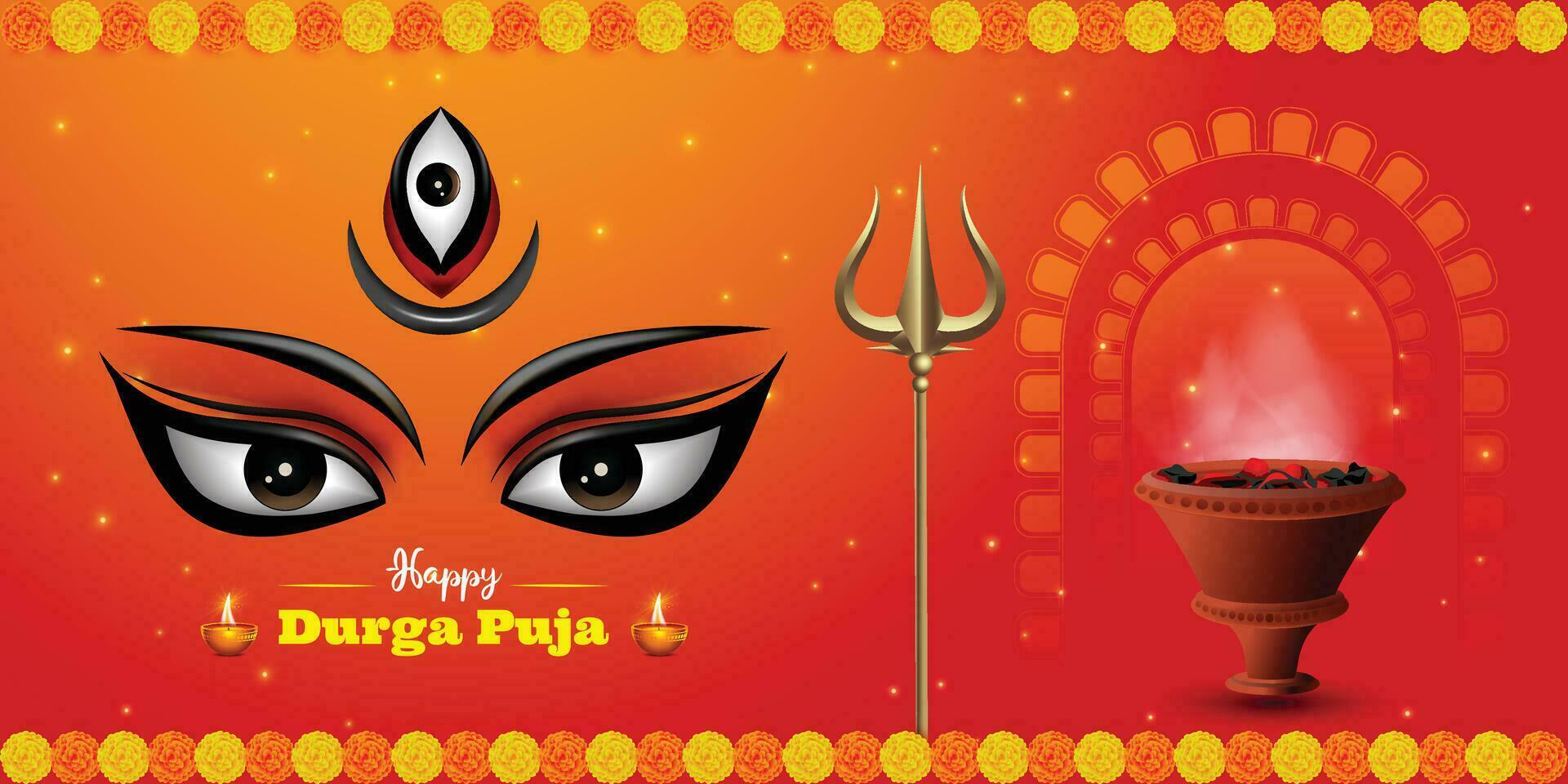 indiano religione Festival Durga puja striscione, intestazione design con dea Durga viso illustrazione vettore