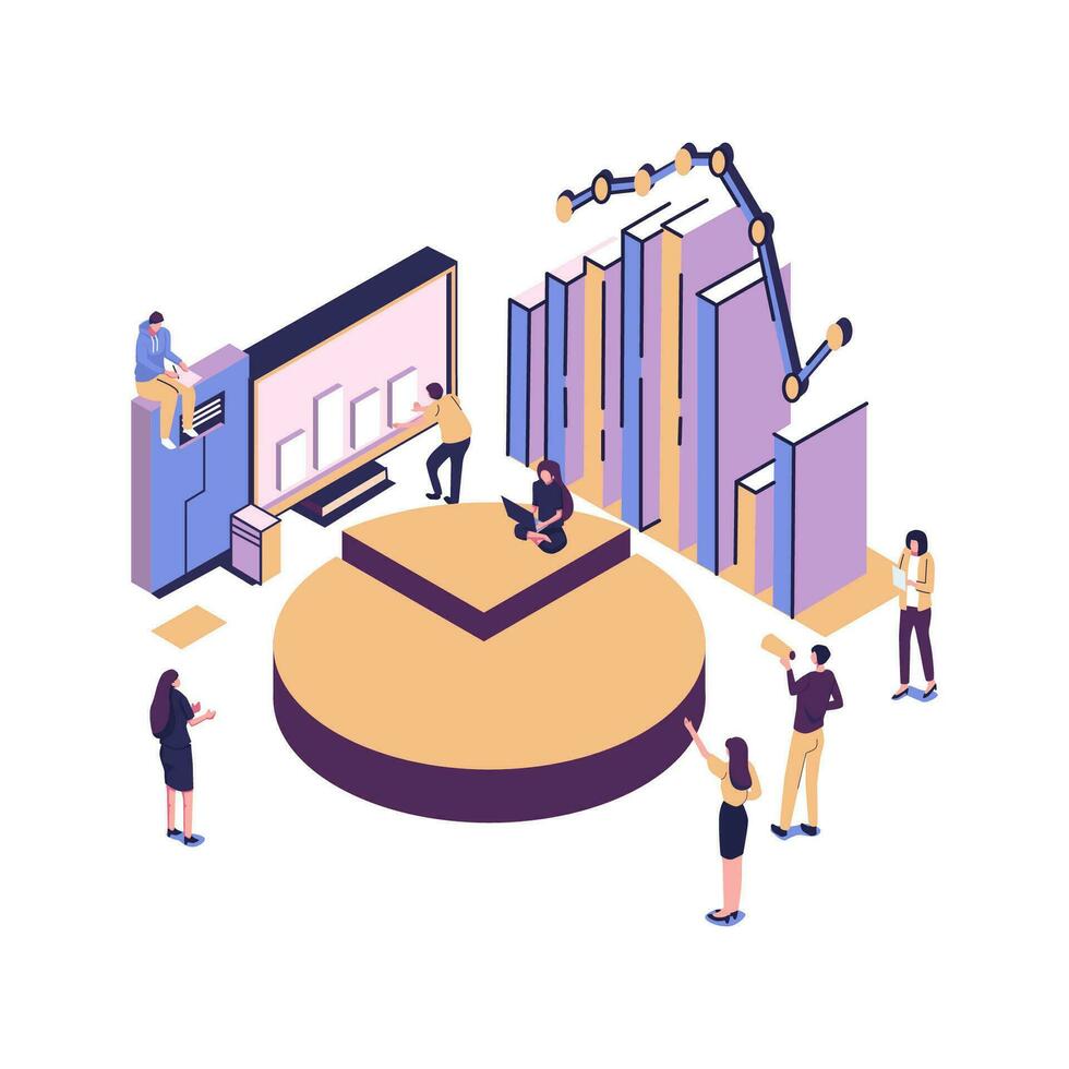 illustrazione di un' attività commerciale, ufficio lavoratori studia infografica su un' grafico di colonne, analizzare il evolutivo scala, attività commerciale negoziati, vettore