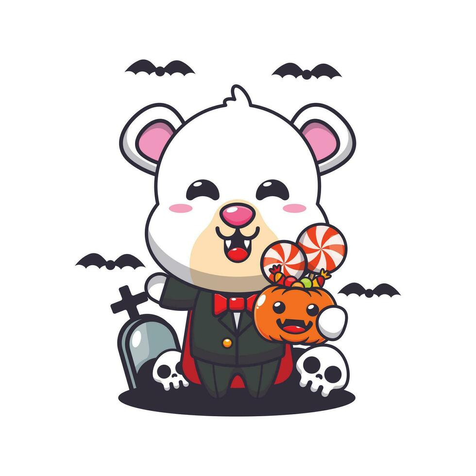 vampiro polare orso Tenere Halloween zucca. carino Halloween cartone animato illustrazione. vettore