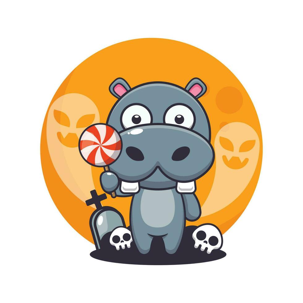 carino ippopotamo impaurito di fantasma nel Halloween giorno. carino Halloween cartone animato illustrazione. vettore