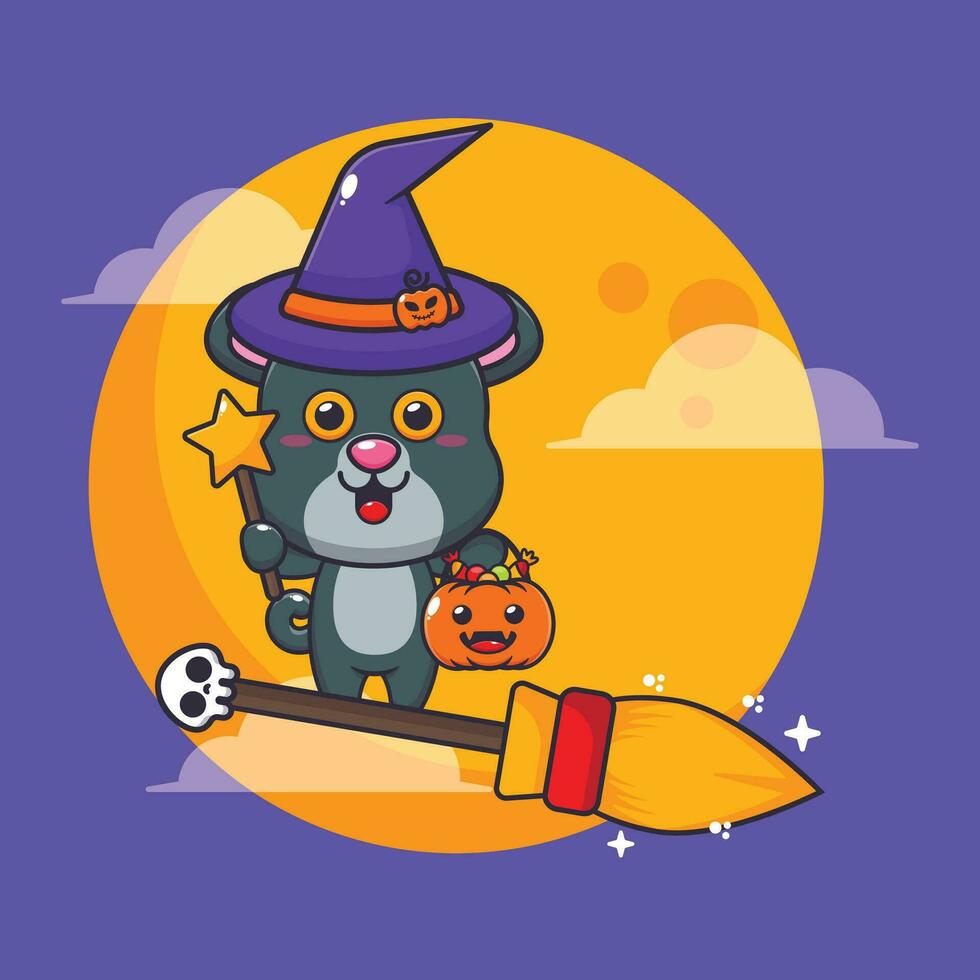 strega pantera volare con scopa nel Halloween notte. carino Halloween cartone animato illustrazione. vettore