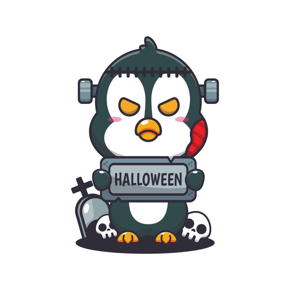 zombie pinguino Tenere Halloween saluto pietra. carino Halloween cartone animato illustrazione. vettore