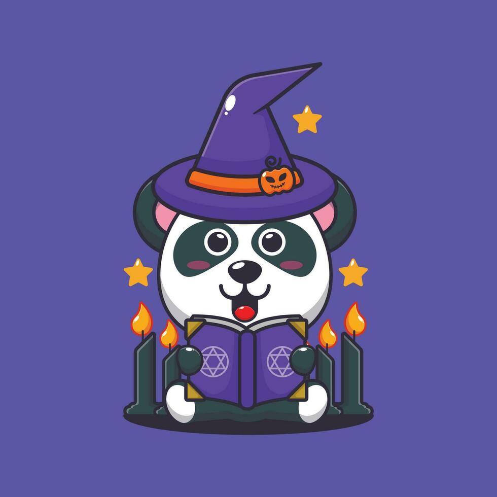 strega panda lettura sillabare libro. carino Halloween cartone animato illustrazione. vettore