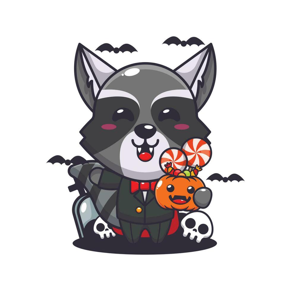 vampiro procione Tenere Halloween zucca. carino Halloween cartone animato illustrazione. vettore