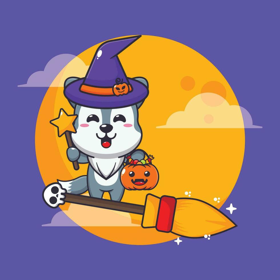 strega lupo volare con scopa nel Halloween notte. carino Halloween cartone animato illustrazione. vettore