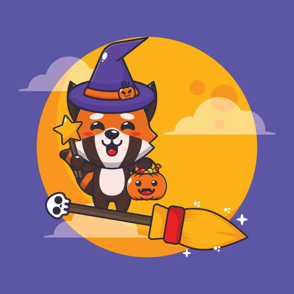 strega rosso panda volare con scopa nel Halloween notte. carino Halloween cartone animato illustrazione. vettore