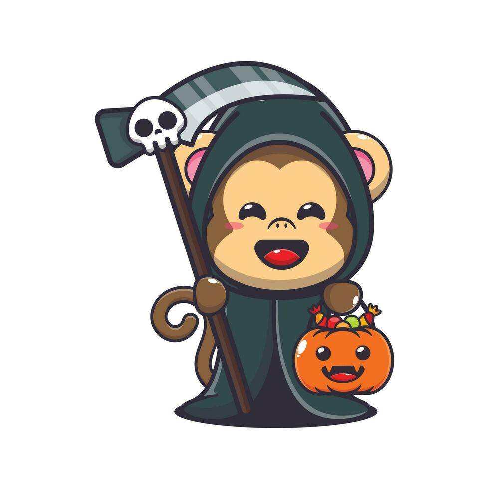 truce mietitrice scimmia Tenere falce e Halloween zucca. carino Halloween cartone animato illustrazione. vettore