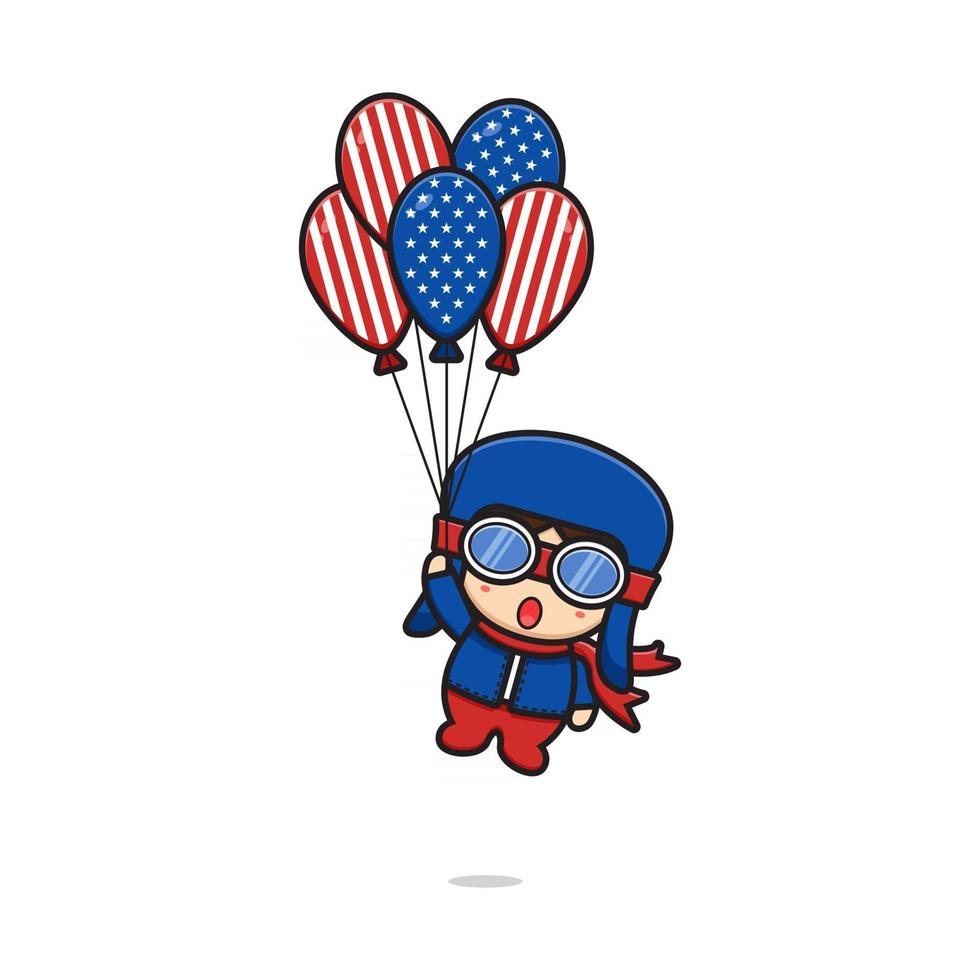 simpatico pilota che vola con un palloncino celebra l'illustrazione vettoriale dell'icona del fumetto del giorno dell'indipendenza dell'america