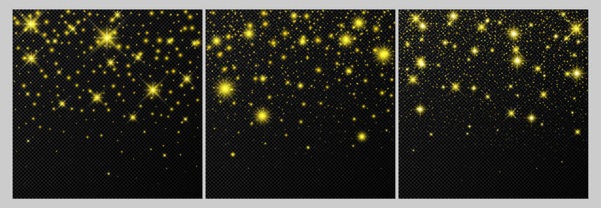 impostato di tre oro fondali con stelle e polvere scintille isolato su buio sfondo. celebrativo magico Natale splendente leggero effetto. vettore illustrazione.