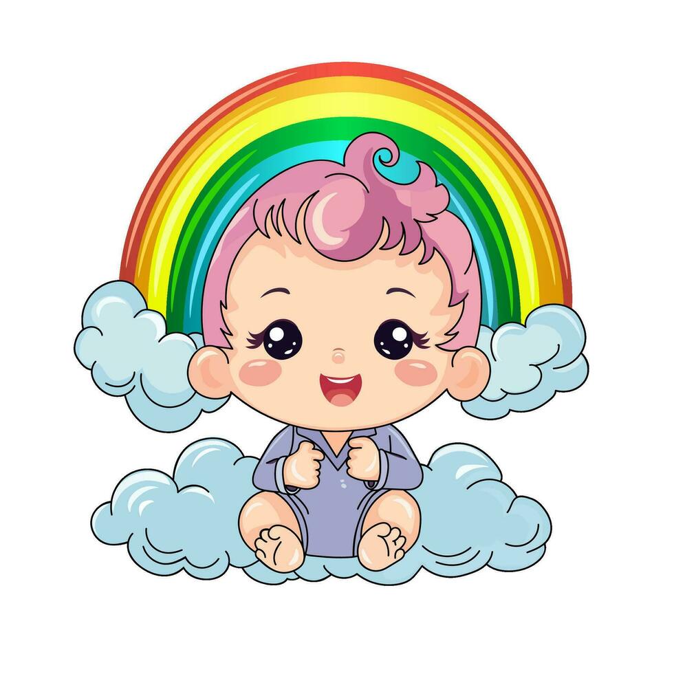 kawaii illustrazione di bambino su il cielo, arcobaleno, colorato, cartone animato stile vettore