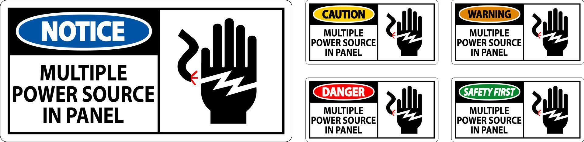 Pericolo cartello multiplo energia fonte nel pannello vettore