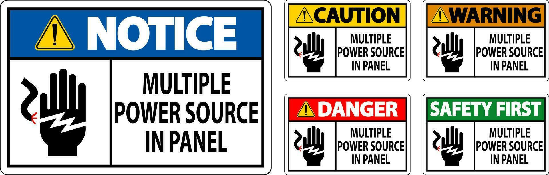 Pericolo cartello multiplo energia fonte nel pannello vettore