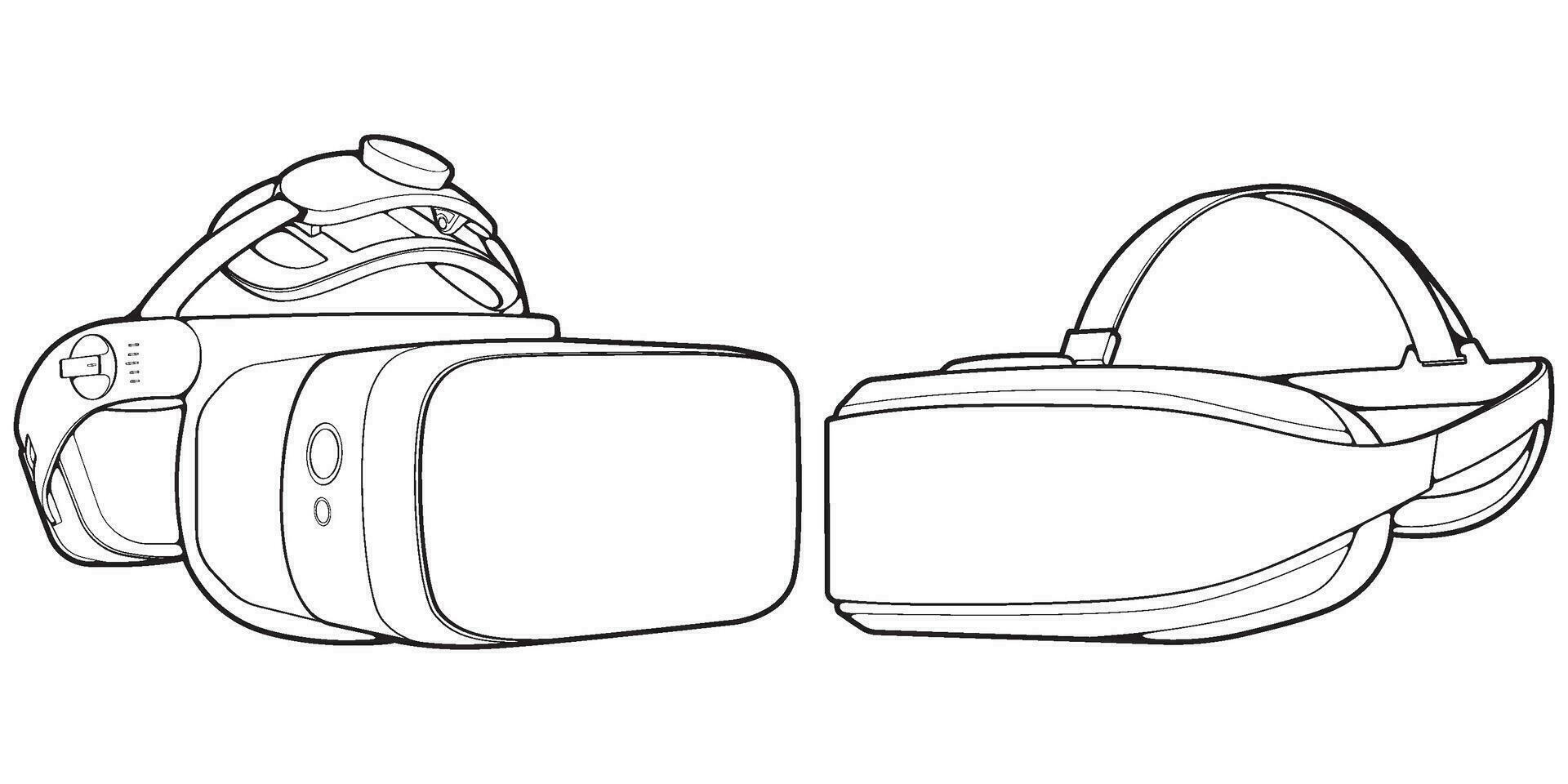 impostato via virtuale la realtà cuffia schema disegno vettore, virtuale la realtà cuffia disegnato nel un' schizzo stile, nero linea virtuale la realtà cuffia formatori modello schema, vettore illustrazione.