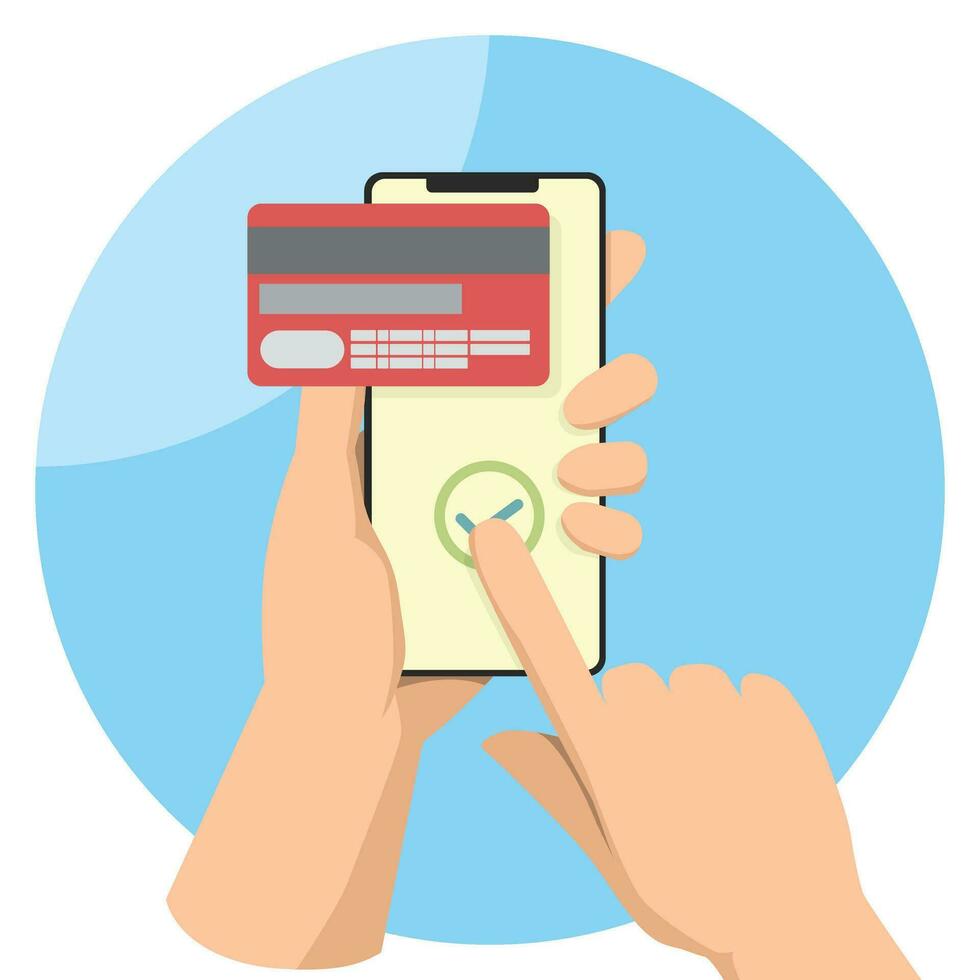mano Tenere smartphone. mobile pagamento successo di credito carta, trasferimento con segno di spunta su schermo. vettore