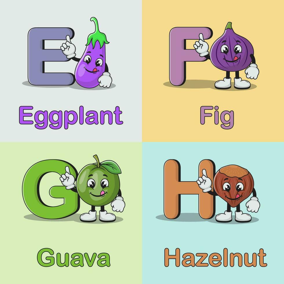 impostato di frutta e verdure portafortuna alfabeto cartone animato vettore icona illustrazione