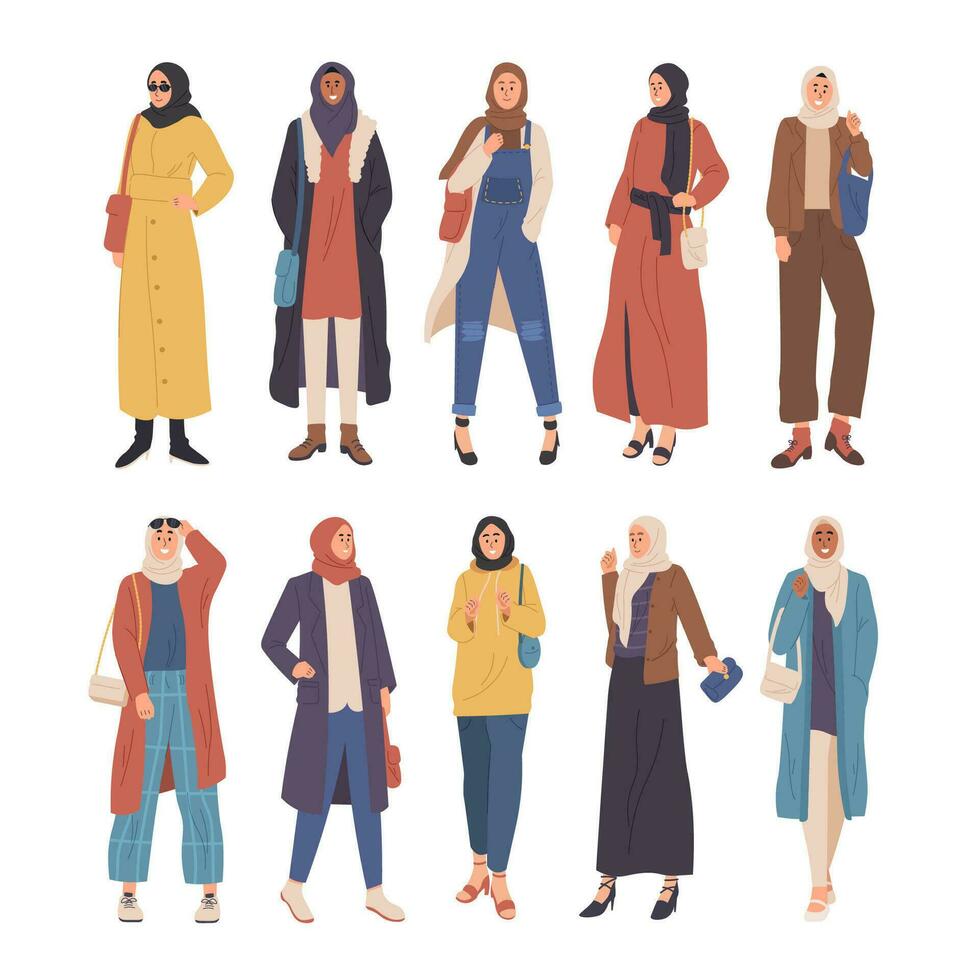 collezione di elegante donne vestito nel di moda Abiti e moderno hijab. impostato di alla moda musulmano ragazze attrezzatura vettore
