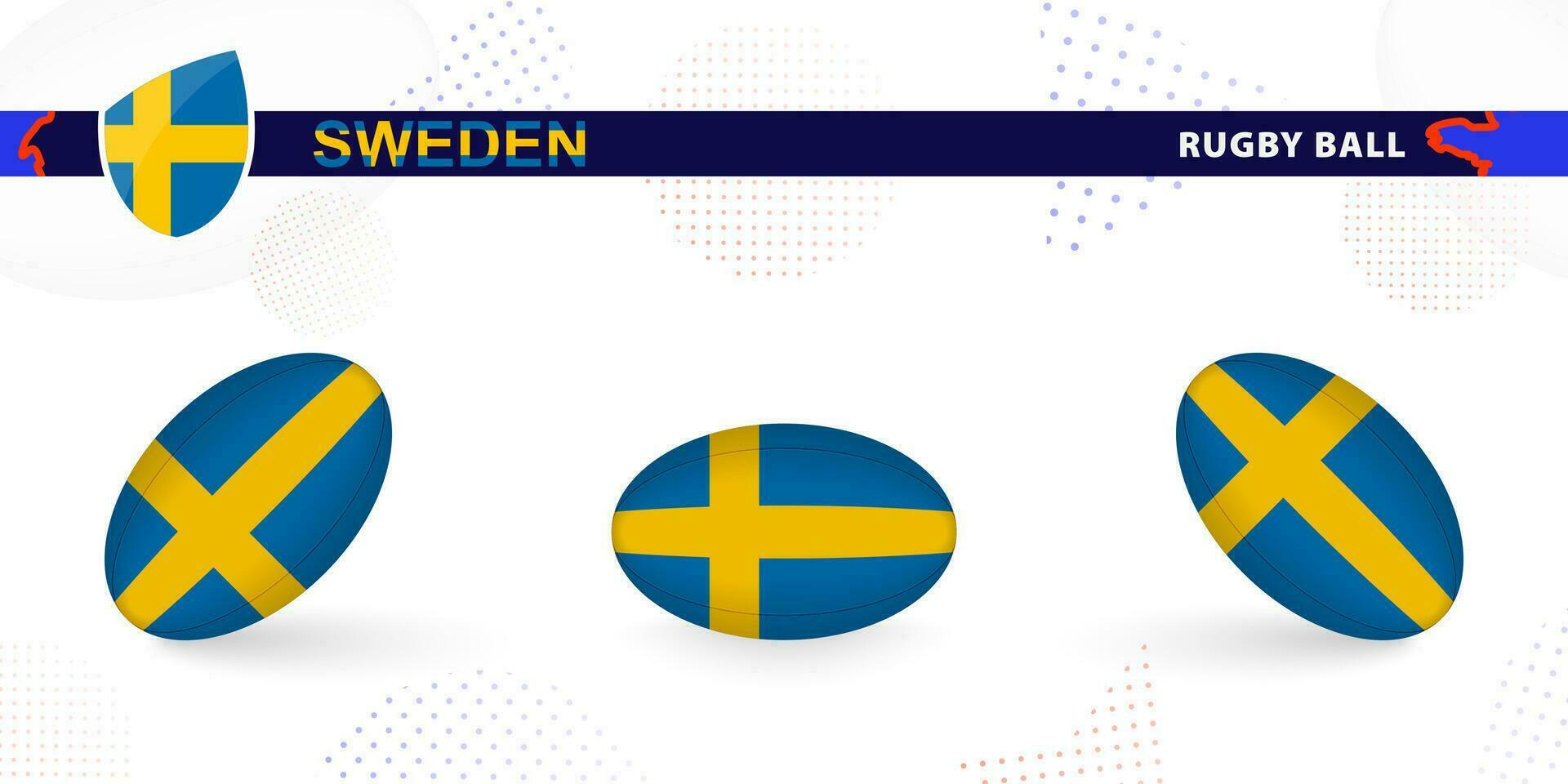 Rugby palla impostato con il bandiera di Svezia nel vario angoli su astratto sfondo. vettore