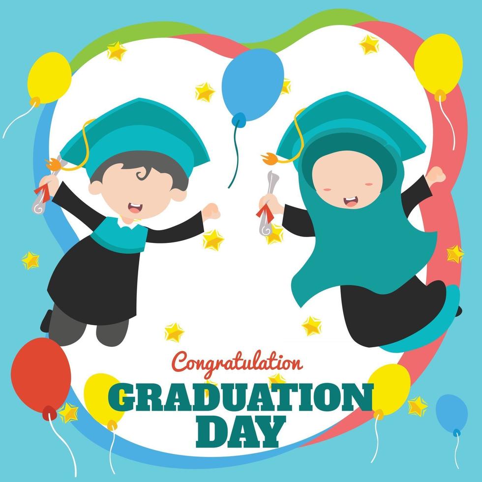 congratulazioni felice laurea musulmana due bambini saltano con il personaggio della carta palloncino vettore