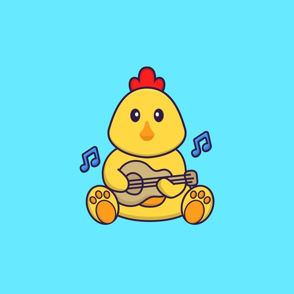 simpatico pollo che suona la chitarra. concetto animale del fumetto isolato. può essere utilizzato per t-shirt, biglietti di auguri, biglietti d'invito o mascotte. stile cartone animato piatto vettore
