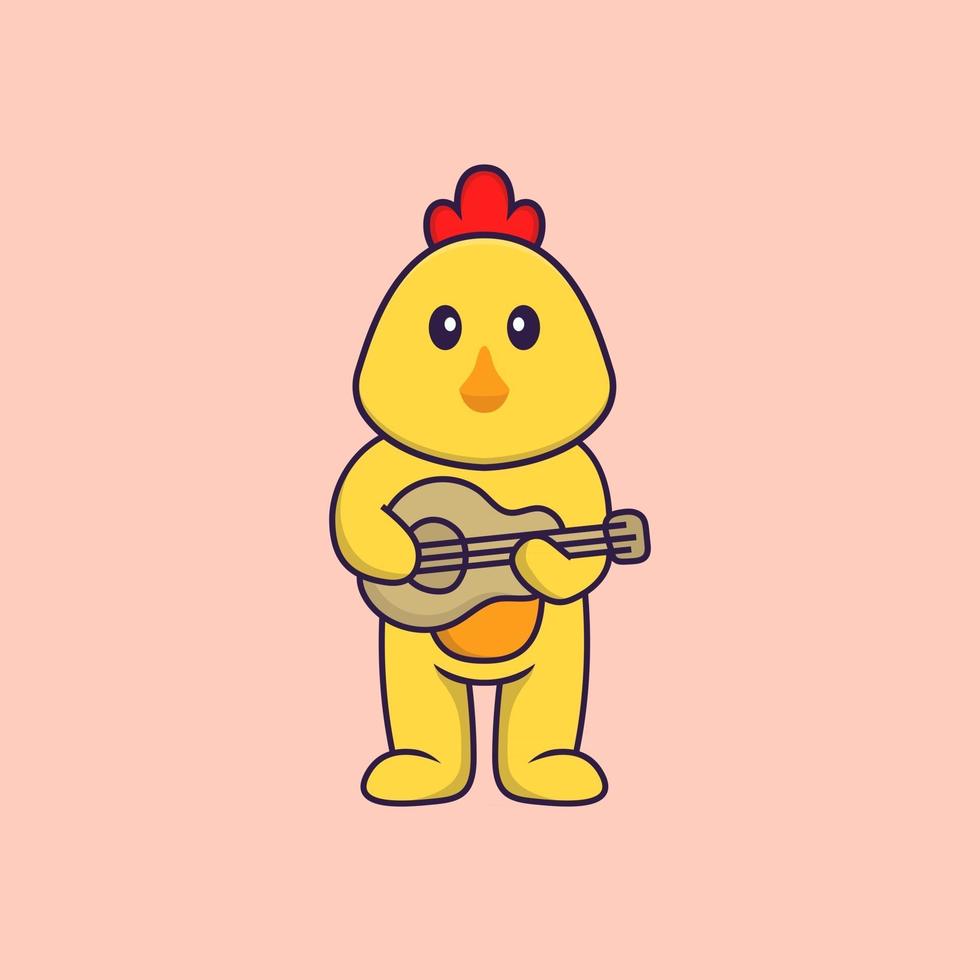 simpatico pollo che suona la chitarra. concetto animale del fumetto isolato. può essere utilizzato per t-shirt, biglietti di auguri, biglietti d'invito o mascotte. stile cartone animato piatto vettore