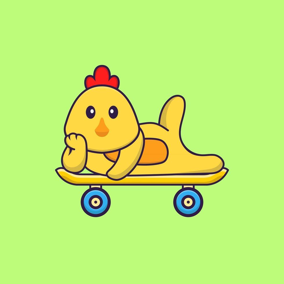 simpatico pollo sdraiato su uno skateboard. concetto animale del fumetto isolato. può essere utilizzato per t-shirt, biglietti di auguri, biglietti d'invito o mascotte. stile cartone animato piatto vettore