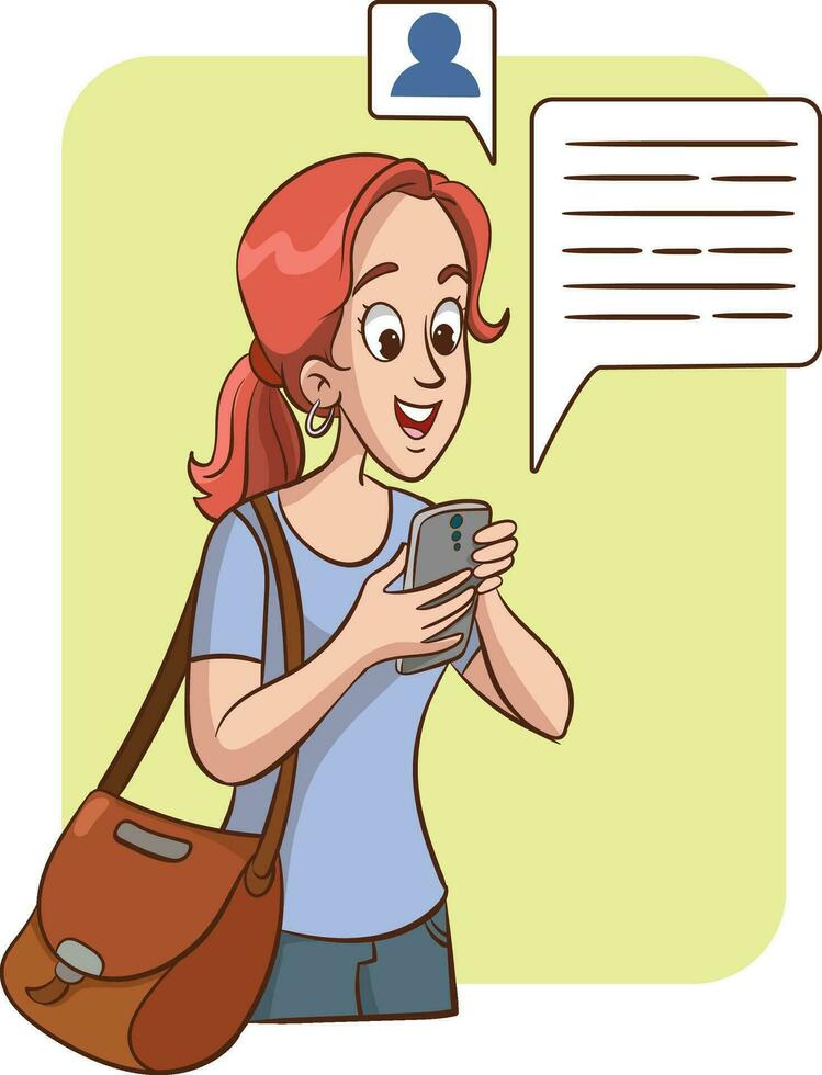 giovane donna comunicare con mobile Telefono. vettore illustrazione con discorso bolle.
