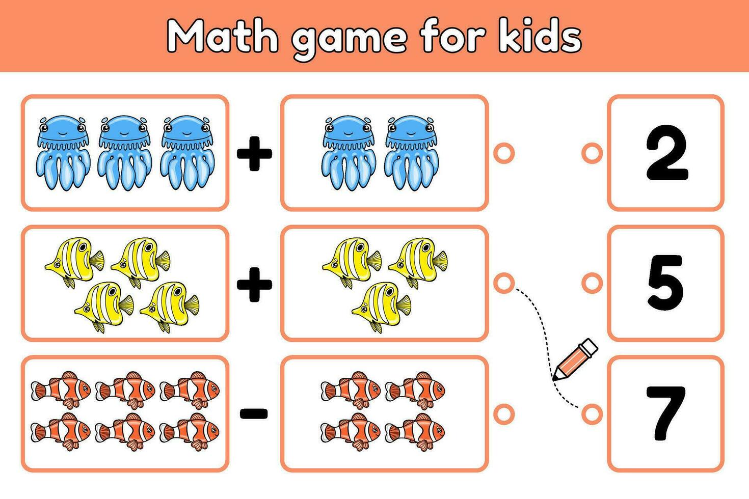 educativo bambini gioco con cartone animato mare Pesci e meduse. risolvere un' matematica esempio e scegliere corretta numero. esercizio per formazione aggiunta abilità. conteggio foglio di lavoro per formazione scolastica bambini. vettore. vettore