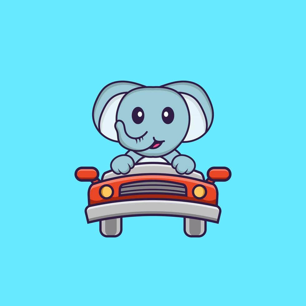 l'elefante carino sta guidando. concetto animale del fumetto isolato. può essere utilizzato per t-shirt, biglietti di auguri, biglietti d'invito o mascotte. stile cartone animato piatto vettore