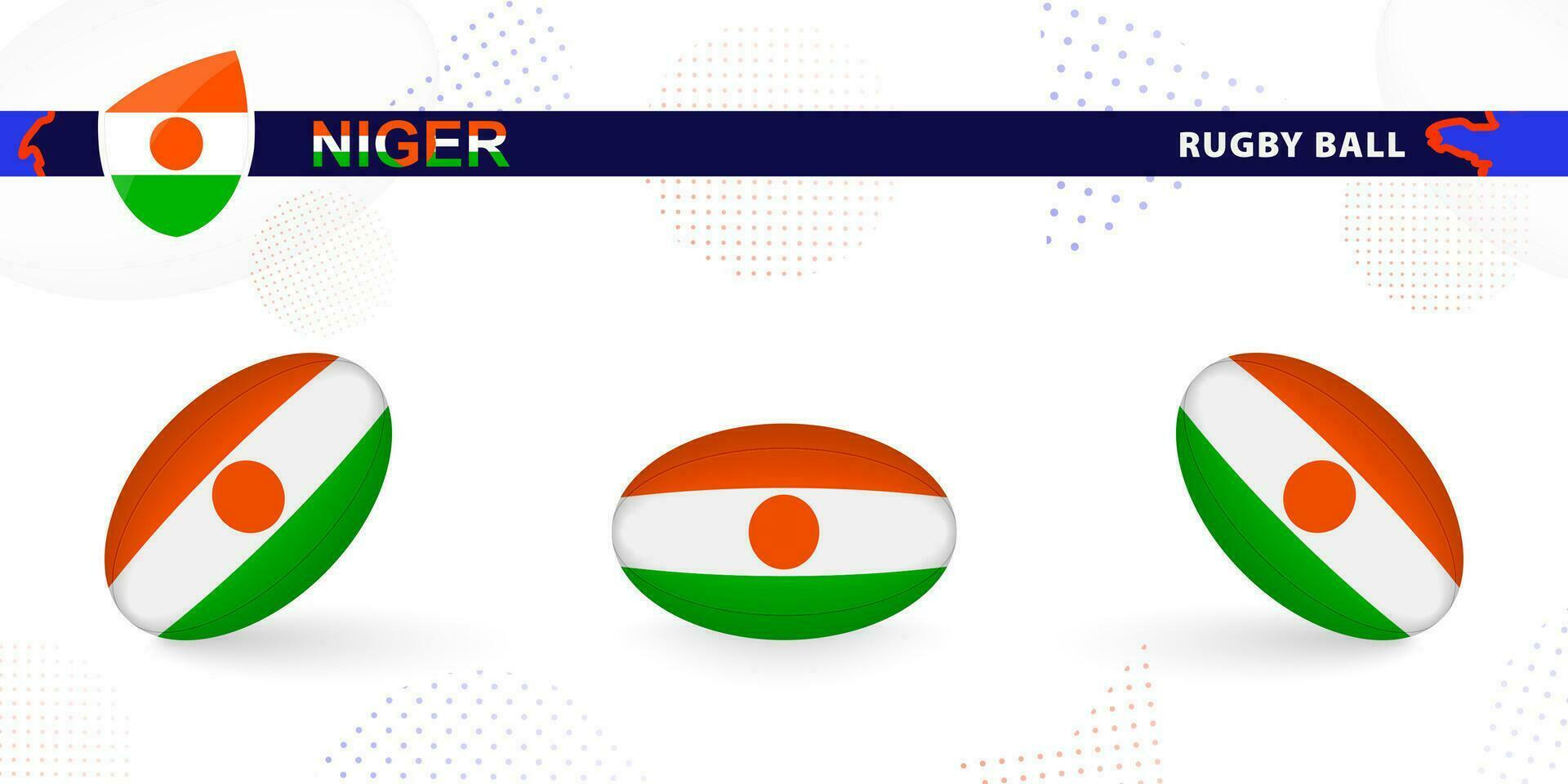 Rugby palla impostato con il bandiera di Niger nel vario angoli su astratto sfondo. vettore