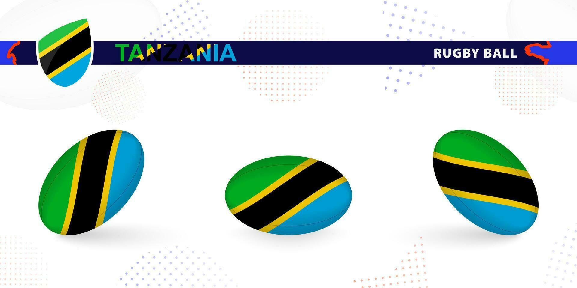 Rugby palla impostato con il bandiera di Tanzania nel vario angoli su astratto sfondo. vettore