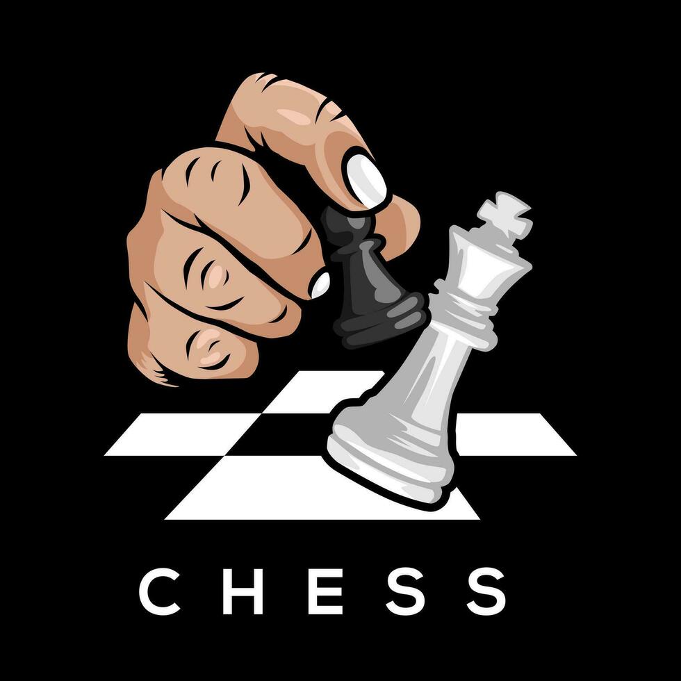 scacchi con mano Tenere nero pedone e re scacchi su nero sfondo. design elemento per logo, manifesto, carta, striscione, emblema, t camicia. vettore illustrazione