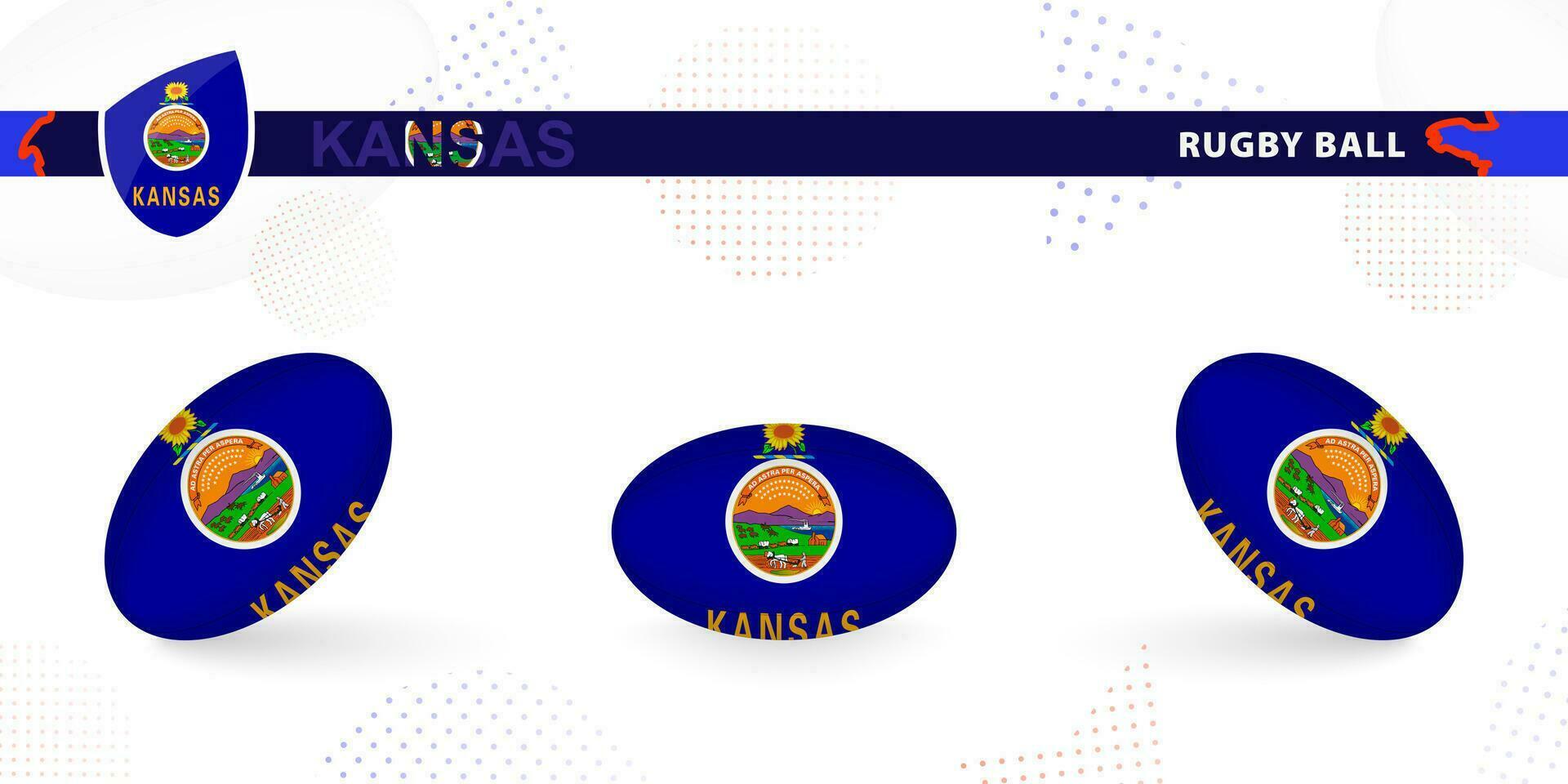 Rugby palla impostato con il bandiera di Kansas nel vario angoli su astratto sfondo. vettore
