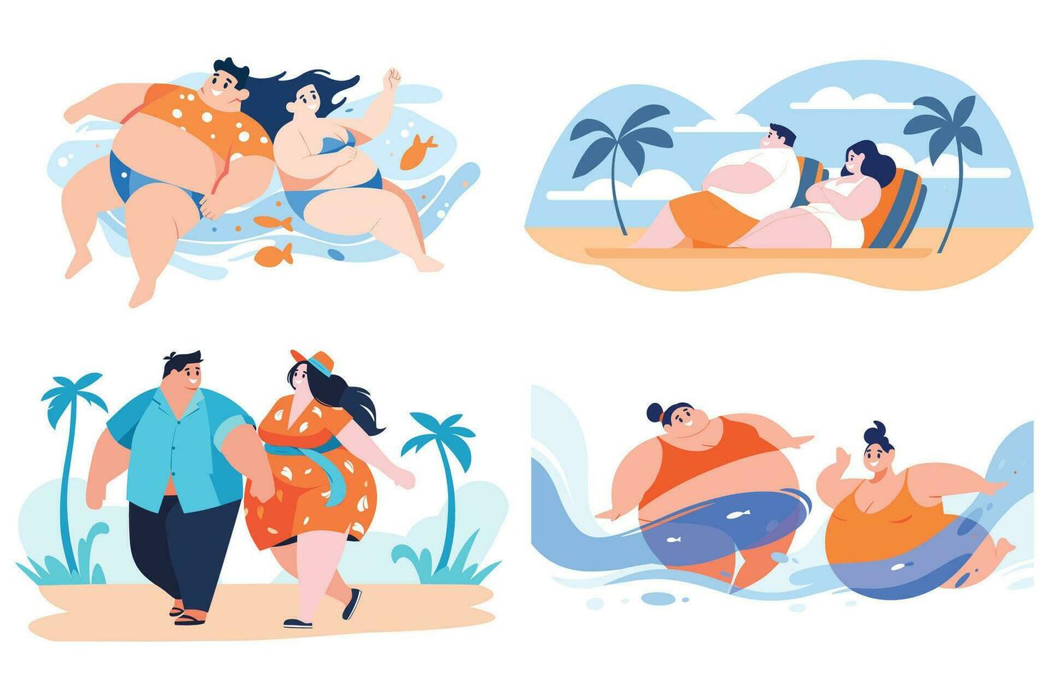 mano disegnato sovrappeso turisti nuoto nel il mare nel piatto stile vettore