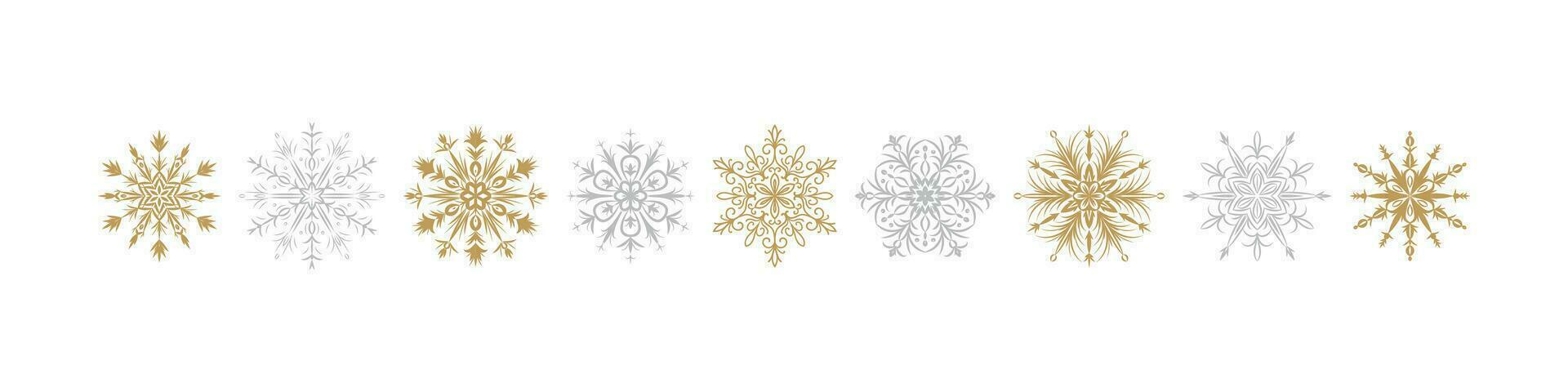 d'oro e argento fiocchi di neve. allegro Natale e contento nuovo anno saluto carta design elemento. vettore illustrazione isolato su bianca. inverno sfondo
