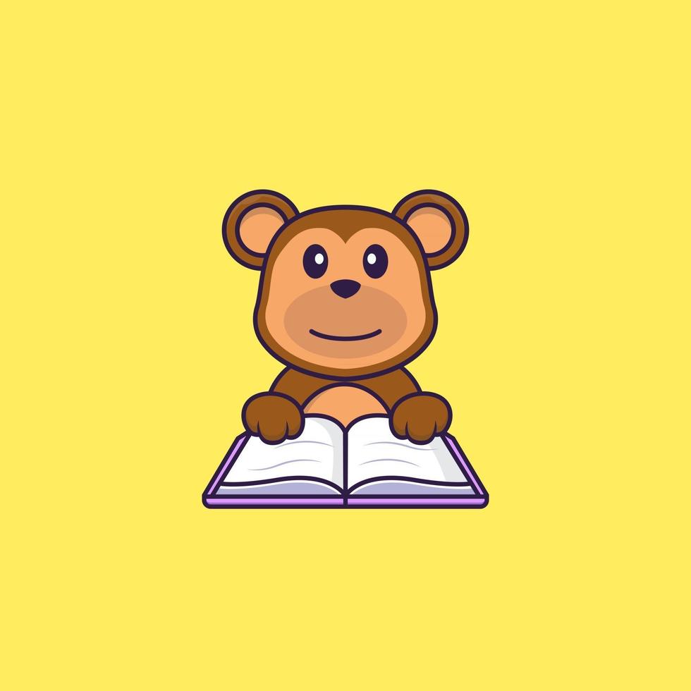 scimmia carina che legge un libro. concetto animale del fumetto isolato. può essere utilizzato per t-shirt, biglietti di auguri, biglietti d'invito o mascotte. stile cartone animato piatto vettore