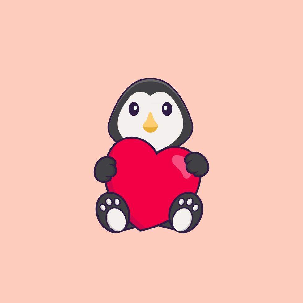 simpatico pinguino che tiene un grande cuore rosso. concetto animale del fumetto isolato. può essere utilizzato per t-shirt, biglietti di auguri, biglietti d'invito o mascotte. stile cartone animato piatto vettore