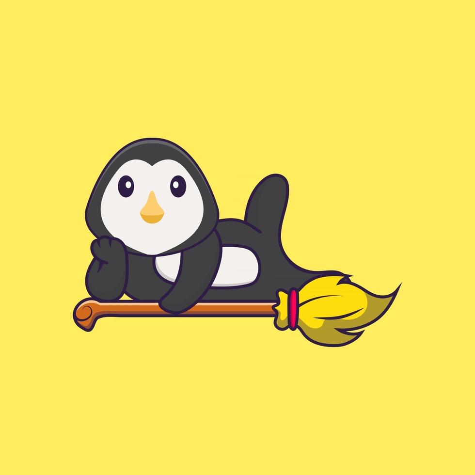 simpatico pinguino sdraiato sulla scopa magica. concetto animale del fumetto isolato. può essere utilizzato per t-shirt, biglietti di auguri, biglietti d'invito o mascotte. stile cartone animato piatto vettore