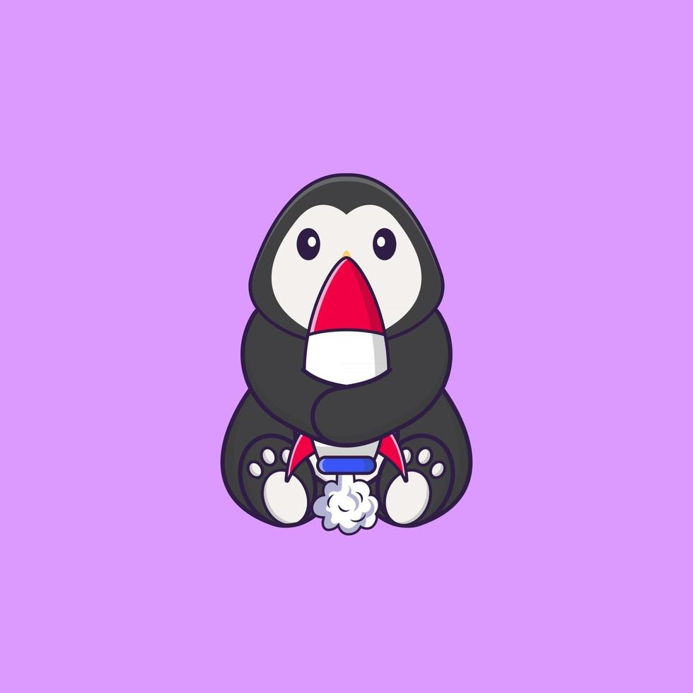 simpatico pinguino che tiene un razzo. concetto animale del fumetto isolato. può essere utilizzato per t-shirt, biglietti di auguri, biglietti d'invito o mascotte. stile cartone animato piatto vettore