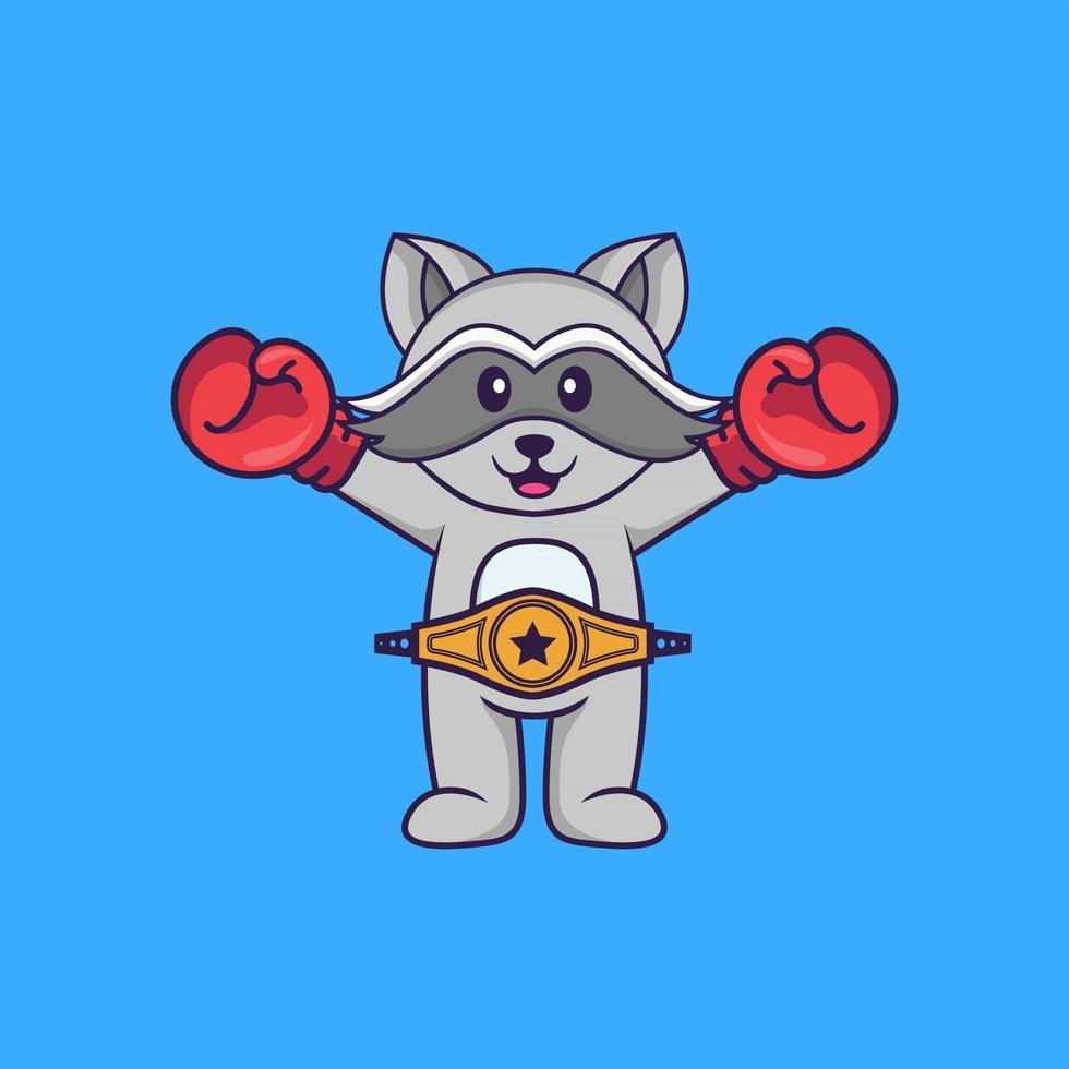 simpatico procione in costume da boxer con cintura da campione. concetto animale del fumetto isolato. può essere utilizzato per t-shirt, biglietti di auguri, biglietti d'invito o mascotte. stile cartone animato piatto vettore