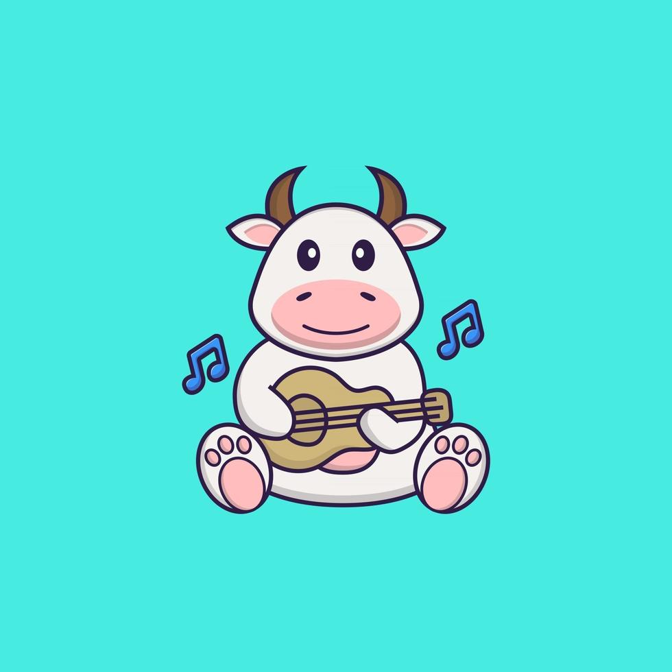 simpatica mucca che suona la chitarra. concetto animale del fumetto isolato. può essere utilizzato per t-shirt, biglietti di auguri, biglietti d'invito o mascotte. stile cartone animato piatto vettore